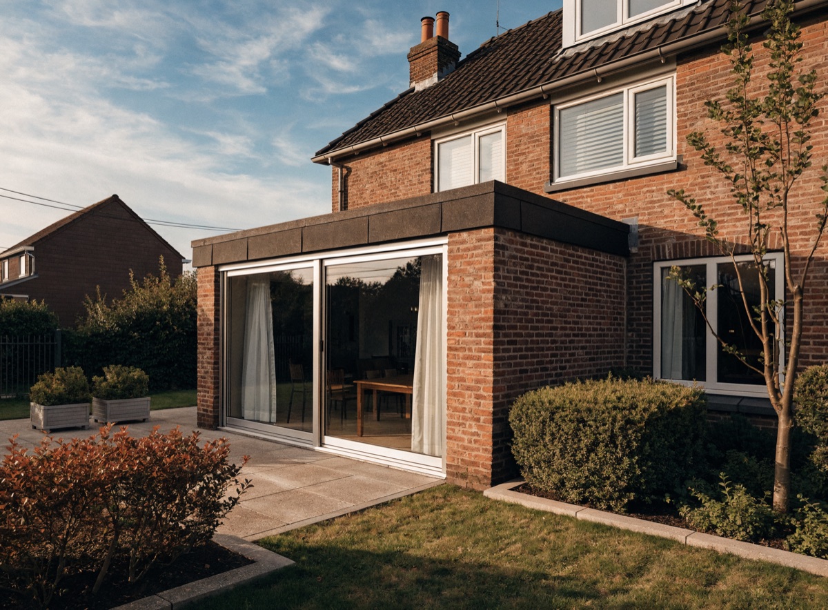 Aanbouw met plat Resitrix-dak aan een woning